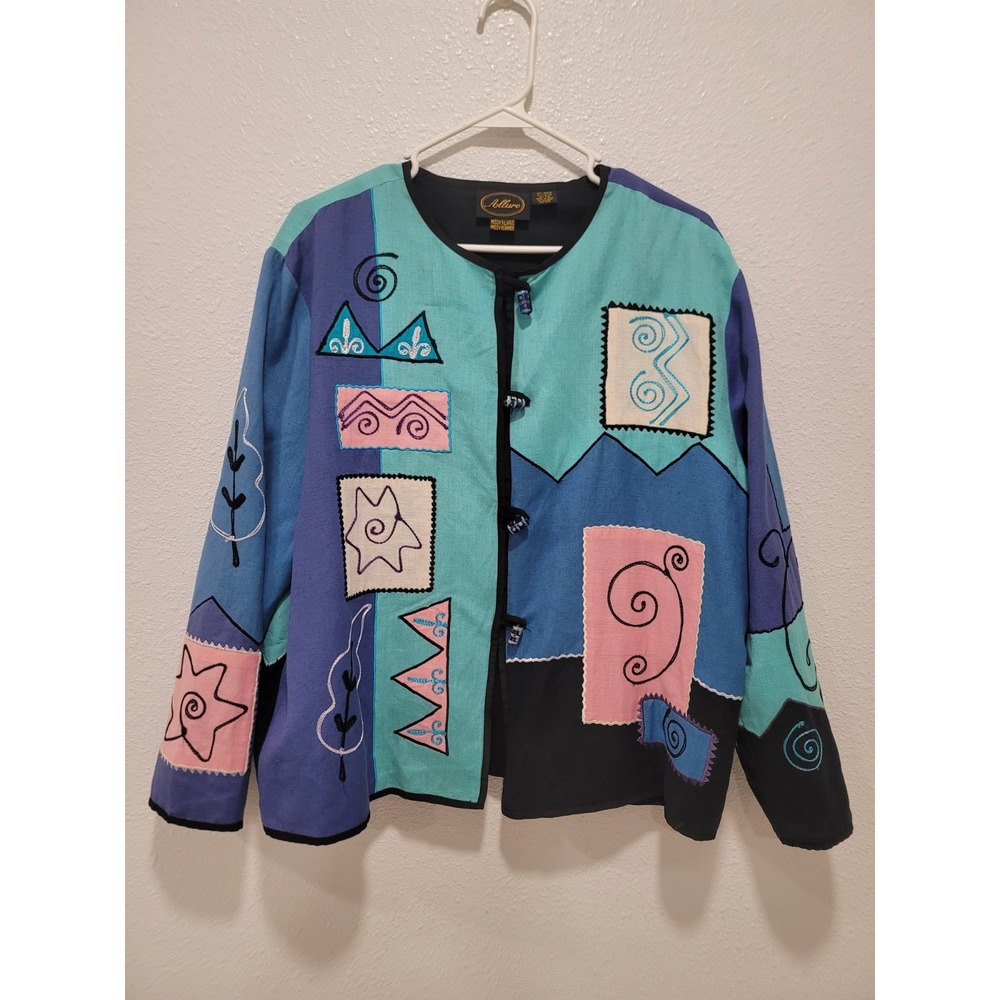 Allure vintage patchwork jacket Missy XL rayon cotton glass buttons excellent